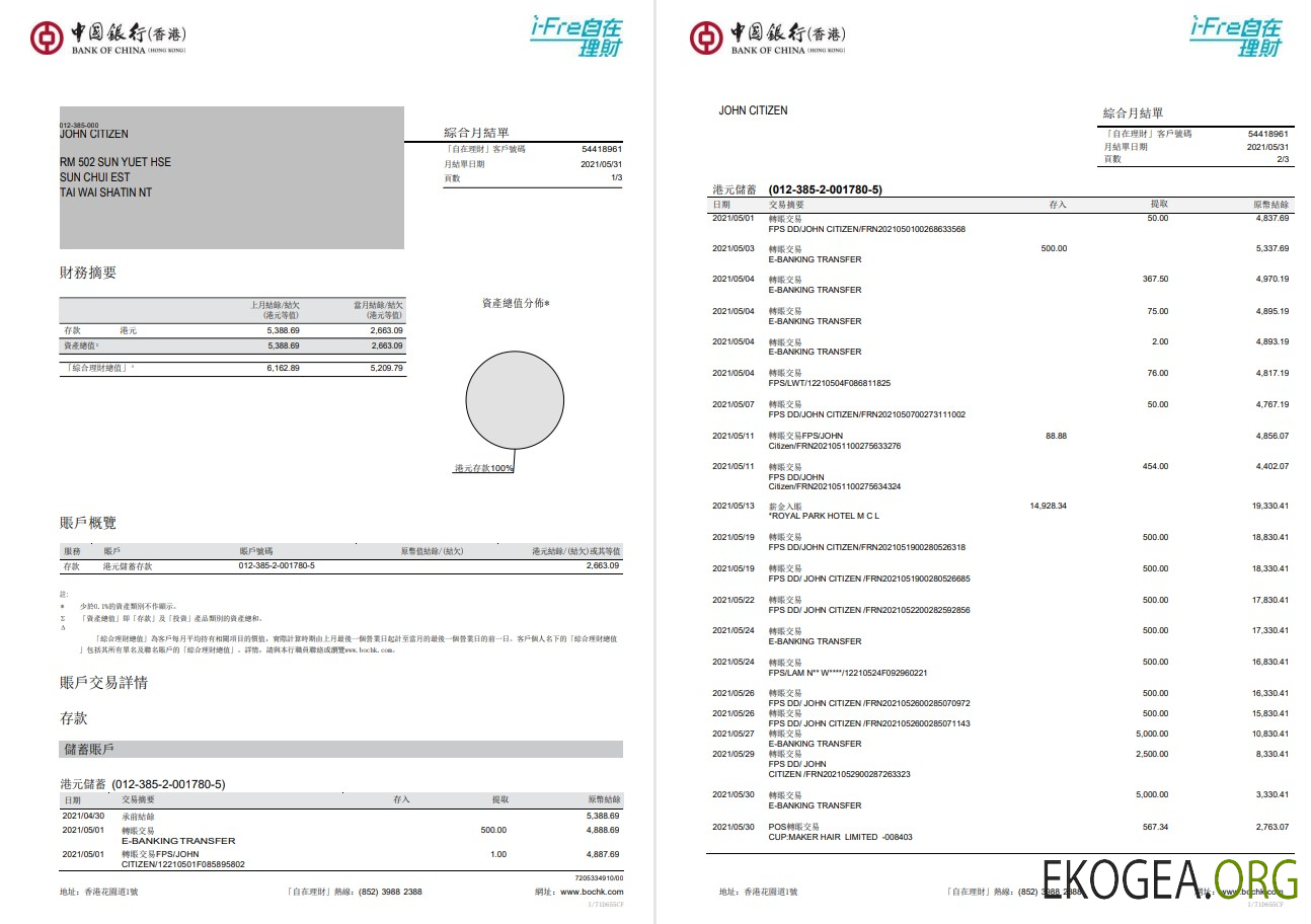 Banque de Chine de Hong Kong 3 pages